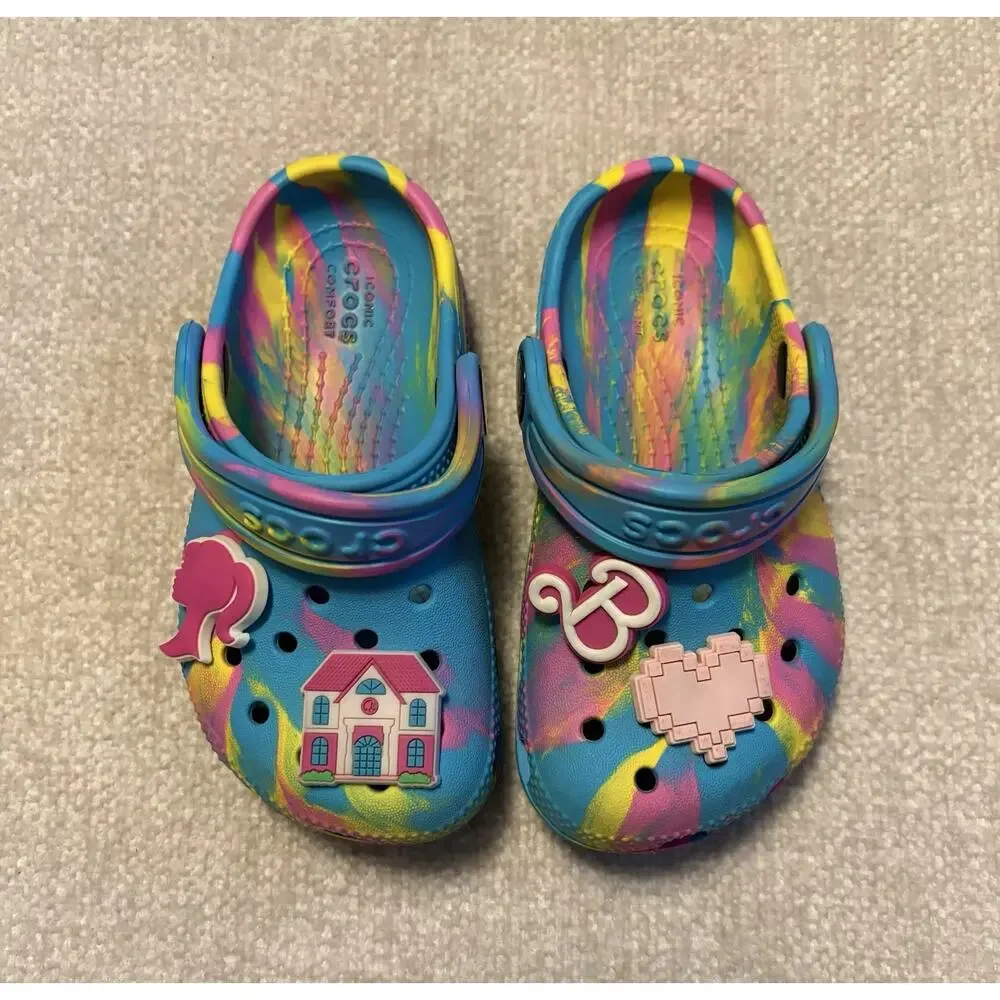 Crocs Classic Clogs Marbled Tie Dye Blue Pink Yellow Toddler C8 Barbie Jibbitz
